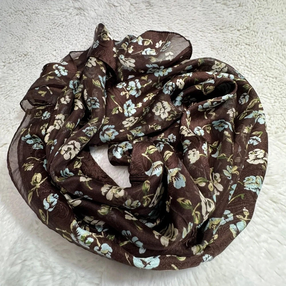 Hiroko Koshino Silk Scarf Brown Floral Paisley Jacquard Made in Japan Long Wrap